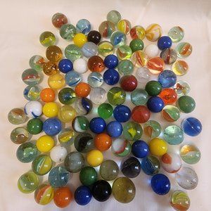 Glass Jar with Lid of Vintage 70's Marbles - 14 larger, 100 smaller  1.5 lbs